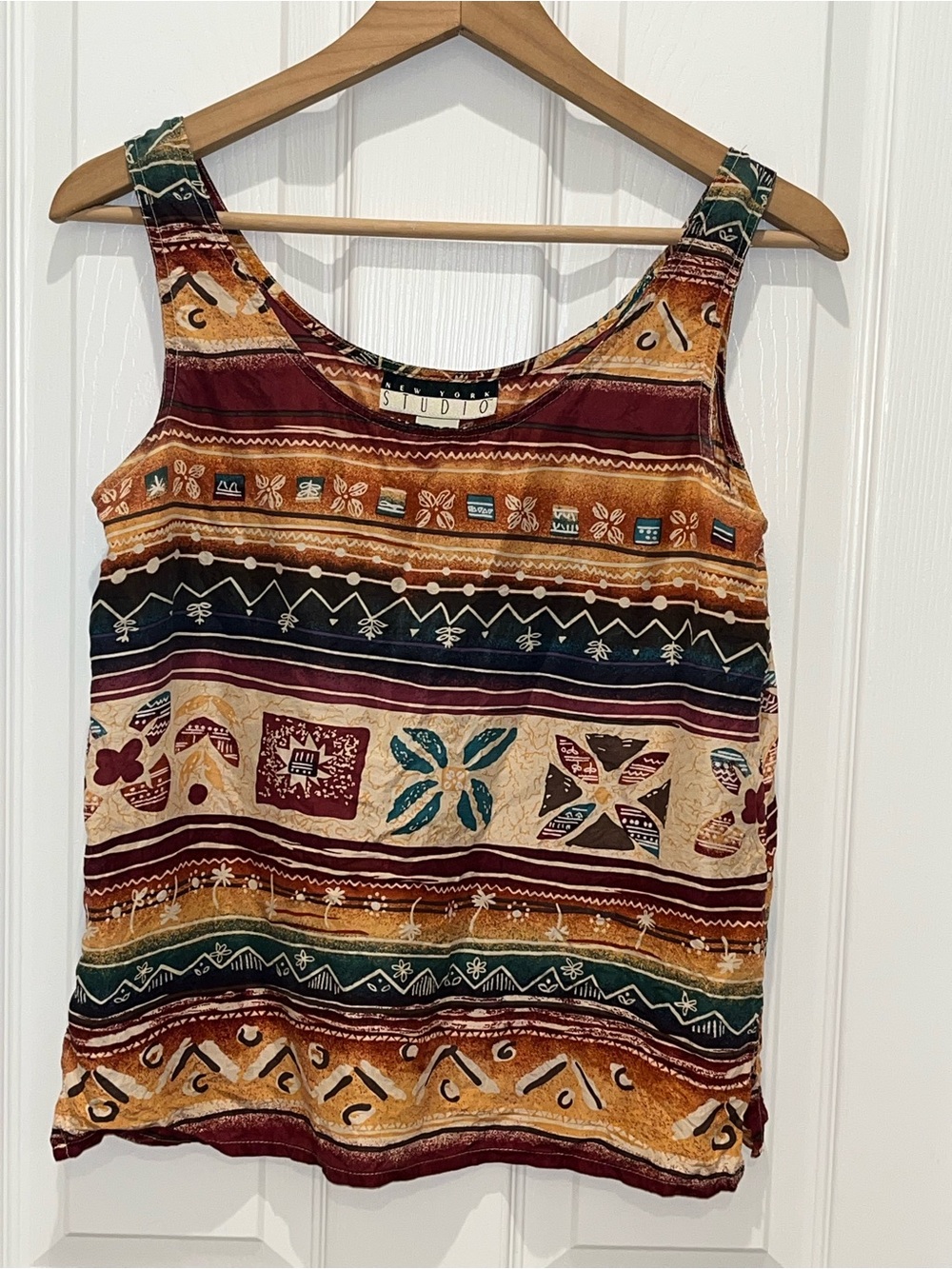 New York Studio Silk Multicolor Tribal Tank Top - Burgundy, Mustard, Teal, Cream